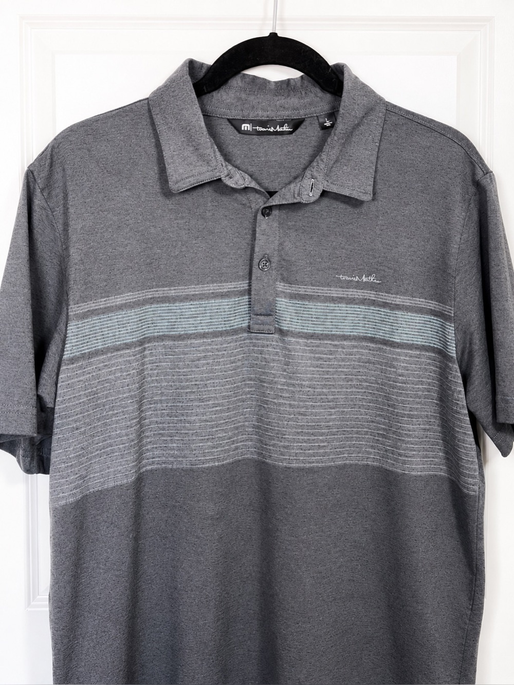 TravisMathew Gray Striped Performance Polo Shirt Mens Large Golf Casual